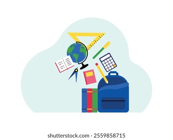 school equipment such as backpacks, books, calculators, pencils, pens and triangular rulers
design, vector, illustration