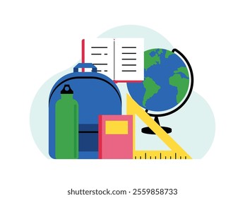 school equipment such as backpacks, books, calculators, pencils, pens,triangular rulers and tumbler
design, vector, illustration