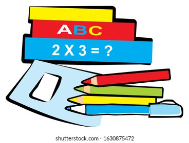 School equipments, books, workbook, pen and crayons, vector illustration.