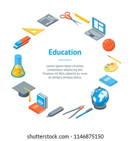 School Equipments and Tools Banner Card Circle Isometric View Include of Pencil, Ruler, Globe, Pen, Computer and Note. Vector illustration