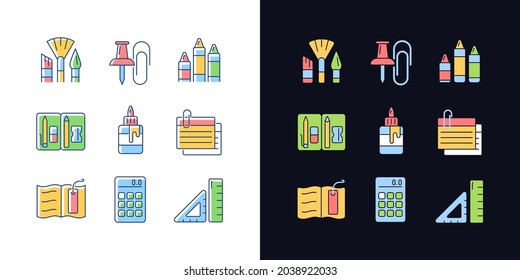 School essential equipment light and dark theme RGB color icons set. Paint brush. Office supply. Pencil pouch. Isolated vector illustrations on white and black space. Simple filled line drawings pack