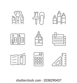 School essential equipment linear icons set. Paint brushes. Office supplies. Pencil pouch. Glue bottle. Customizable thin line contour symbols. Isolated vector outline illustrations. Editable stroke