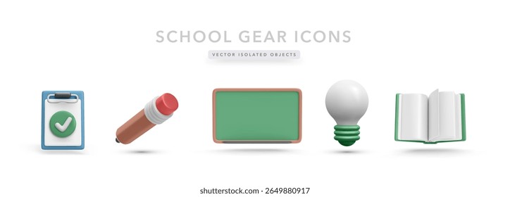 Conjunto de ícones da School Essentials com área de transferência, lápis, quadro negro, lâmpada e livro em estilo amigável 3D. Ideal para conteúdo educacional, materiais didáticos e eLearning. Ilustração de vetor.