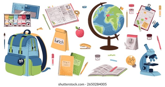 School Essentials Set with Globe, Backpack, Books and Microscope. Flat Design Education Collection for Classroom Decor, Learning Materials and Student Motivation Products. Back to School