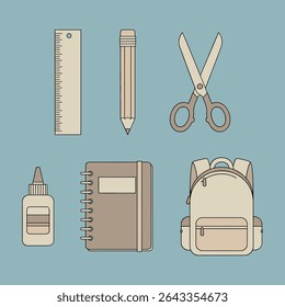 School essentials. School supplies. Stationery. Learning tools. Education items. 