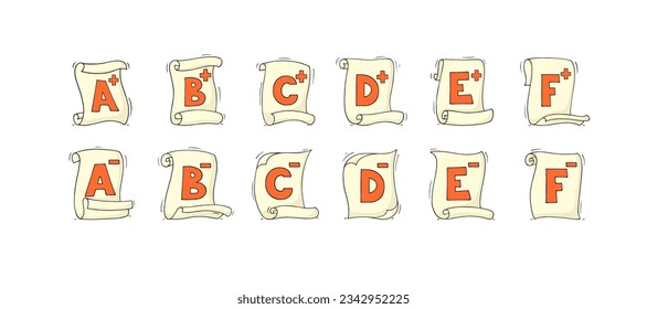 School exam grades, marks for test result or homework. Paper scrolls with good and bad scores, red letters with plus and minus, vector hand drawn illustration