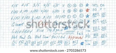 School exam marks icons on crumpled math grid paper. Teacher note hand drawn blue pen set. Exam scribbles symbols. Educational marks, score, test results. Vector handmade fail and approved check.