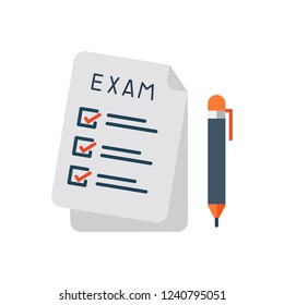 School exam paper and pencil vector illustration.