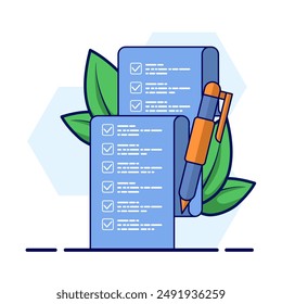 School exam results concept, educational quiz score passing checklist, checklist assignment plan survey, graphic document assessment report, interview recruitment document form. vector illustration.