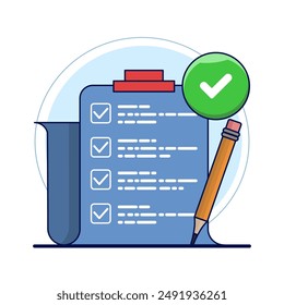 School exam results concept, educational quiz score passing checklist, checklist assignment plan survey, graphic document assessment report, interview recruitment document form. vector illustration.