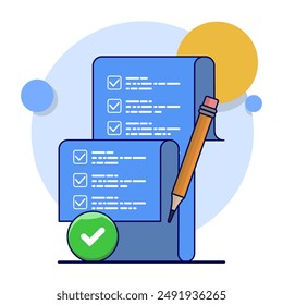 School exam results concept, educational quiz score passing checklist, checklist assignment plan survey, graphic document assessment report, interview recruitment document form. vector illustration.