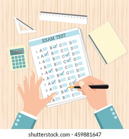 School exam test results, human hand fills examination quiz paper on wooden school desk with pen, calculator, ruler and book, vector illustration in flat design.