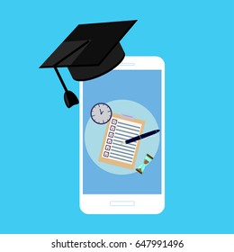 School exam test results on smartphone screen with graduation hat, cap. Education flat icon set for flyer, poster, web site like test, pen, clock and hourglass. 