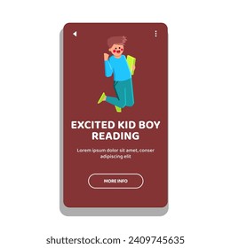 school excited kid boy reading vector. happy grandpa, magic laughing, photo student school excited kid boy reading web flat cartoon illustration