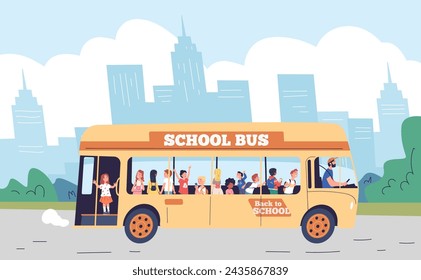 School excursion bus. Yellow schoolbus student or preschool kid tripping auto transport, studying children travelling trip on picnic and back in town vector illustration of bus excursion school