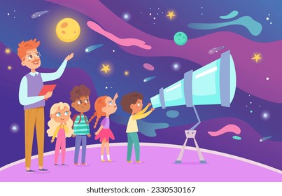 School excursion of kids in planetarium vector illustration. Cartoon happy children and teacher watching universe in telescope of space and science museum, astronomical observation of planets