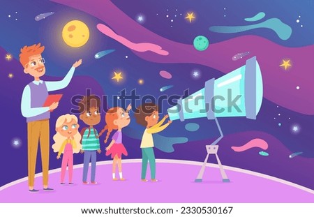 School excursion of kids in planetarium vector illustration. Cartoon happy children and teacher watching universe in telescope of space and science museum, astronomical observation of planets