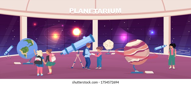 School excursion to planetarium flat color vector illustration. Kids look at educational planet exhibits. Children 2D cartoon characters with panoramic night sky installation on background