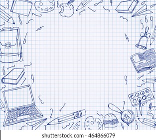 School exercise book with handdrawn school related images. Vector illustration. Blue drawing on a white squared notebook sheet background. Back to school concept