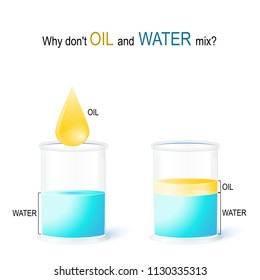 School Experiment: Why Don't OIL And WATER Mix? Vector Illustration For Education And Science Use. Water And Oil - Liquids That Are Normally Immiscible (unmixable Or Unblendable).