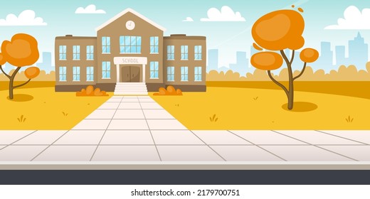 School exterior with autumn park. Panoramic horizontal landscape with school building.