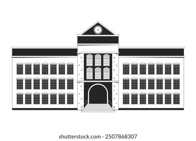 School exterior black and white 2D line object. Academy entrance. Highschool building facade schoolhouse isolated vector outline item. College campus architecture monochromatic flat spot illustration