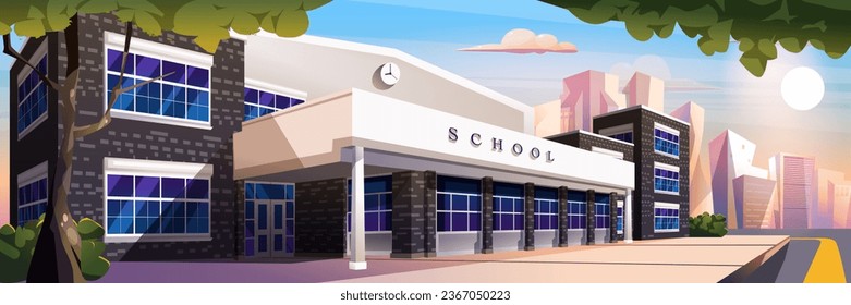 Banner de fondo de fachada escolar en diseño de dibujos animados planos. Afiche exterior universitario, académico o universitario en arquitectura moderna. Edificio con entrada y ventanas por carretera de la ciudad. Ilustración del vector