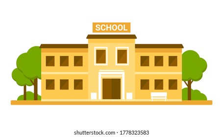 School facade building, yellow house. Back to school, education concept. College, university, academy. Vector flat illustration