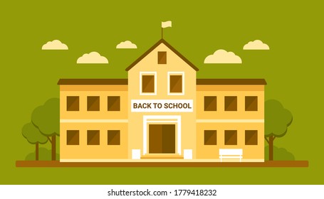 School facade building, yellow house. Back to school, education concept. College, university, academy. Vector flat illustration on green background