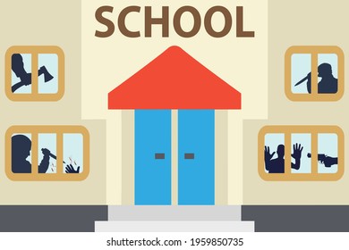 school facade with silhouettes of threatening man with knife and hand with gun and arm with ax in the windows,concept vector illustration