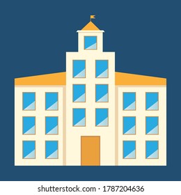 School facade with windows and a flat door. Education of children. Vector illustration, icons.