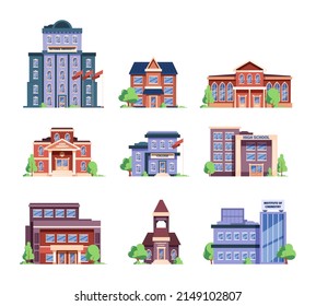 School facades. Municipal buildings for education constructions garish vector flat illustrations