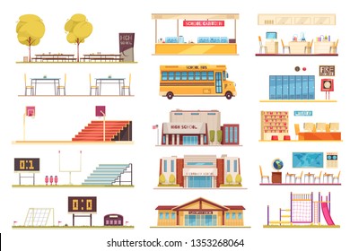 School facilities flat elements collection with sport stadium yellow bus building facade classroom bibliotheek interior vector illustration