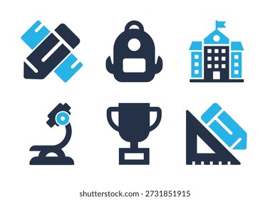 Conjunto de iconos de instalaciones y herramientas escolares. Iconos de la serie de glifos sólidos