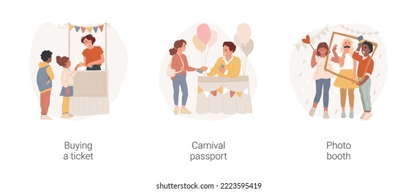 School fair isolated cartoon vector illustration set. Buying a ticket, carnival passport, photo booth, entertainment festival activity zone, summer celebration, cardboard frame vector cartoon.