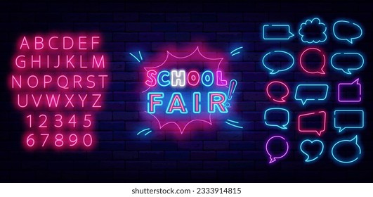 School fair neon label. Comics explosion frame. Glowing advertising. Shiny pink alphabet. Think cloud frames collection. September sale. Shiny banner. Editable stroke. Vector stock illustration