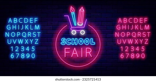 School fair neon label. Shiny pink and blue alphabet. Glowing advertising. Shopping cart with office stationery. September sale. Shiny banner on brick wall. Vector stock illustration