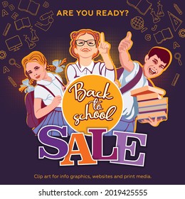 School Fair, Sales, Banner Poster Back To School. Happy Schoolchildren In Uniform With Books On Colorful Background Of School Symbols. School Activities. 