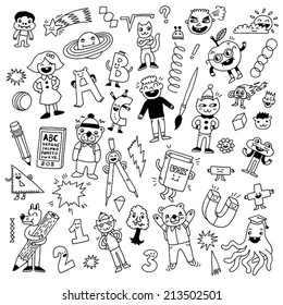 School fantasy creatures animals and kids doodle set. Hand drawn vector illustration.