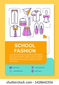 School fashion brochure template layout. Clothes and supplies. Flyer, booklet, leaflet print design with linear illustrations. Vector page layouts for magazines, annual reports, advertising posters