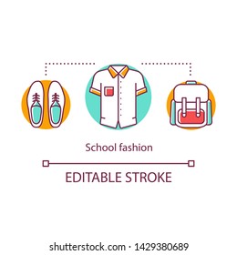 School fashion concept icon. Stylish pupils clothes, modern uniform for studying. Students shoes, shirt, backpack thin line illustration. Vector isolated outline drawing. Editable stroke