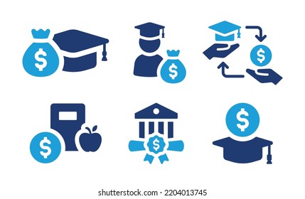 School Fee Icon Set. Containing Scholarship, Student Loan Icon Isolated On White Background. Financial Education Concept.