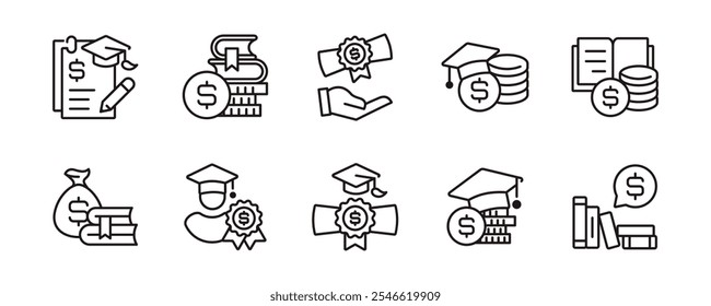 school fee scholarship tuition icon set student college financial cost university graduation money loan signs vector illustration