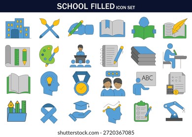 In der Schule gefüllte Ikonensätze mit Bildung, Lernen, Studenten, Lehrern, Büchern, Klassenzimmer-Tools, Prüfungen, Kreativität, Abschluss und Wissenskonzepten. Perfekt für Bildungs-Apps, Websites und UI-Design.