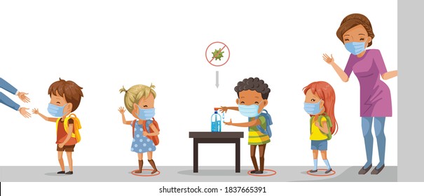 School finished. Gel Hallows alcohol and wear a mask. Prevent the flu or covid-19 for kids in a school. during coronavirus epidemic. COVID-19. Visual Support. Social Distancing. Vector illustration.