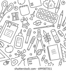 School. The first september. Pattern in doodle and cartoon style. Outline