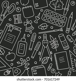 School. The first september. Pattern in doodle and cartoon style. chalkboard
