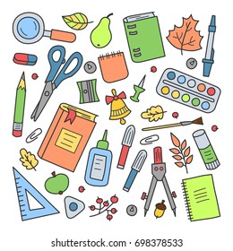 School. The first of September. Set of elements in doodle and cartoon style. Colorful