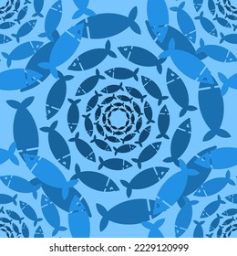 School of fish circular pattern seamless. Fishes swarm circle background. Baby fabric texture