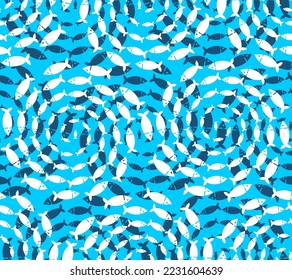 School of fish circular pattern seamless. Fishes swarm circle background. Baby fabric texture